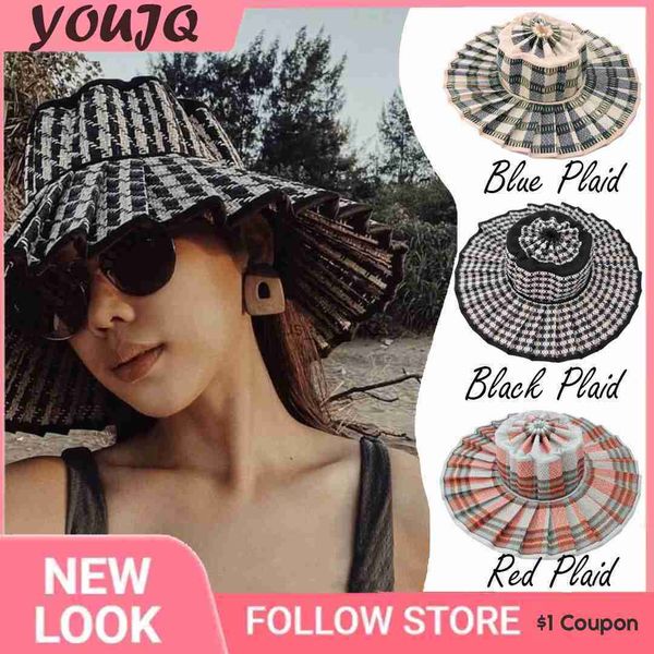 

summer foldable pleated women sun hats casual sunscreen lorna style straw hat outdoor beach shade straps lady caps l230620, Blue;gray