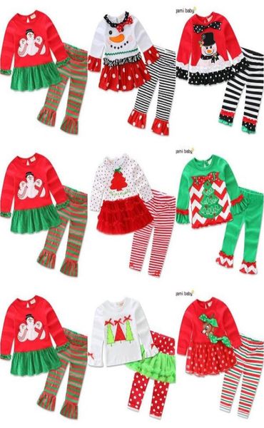

7 styles baby girls boys christmas outfits 2pcs settshirtpant children cartoon embroidery xmas deer sanda dress stripe ruffle p6569934, White
