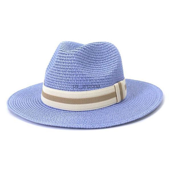 

new style summer colorful wide brim straw hat candy color retro panama jazz flat straw hat women outdoor sunshade sun caps l230620, Blue;gray