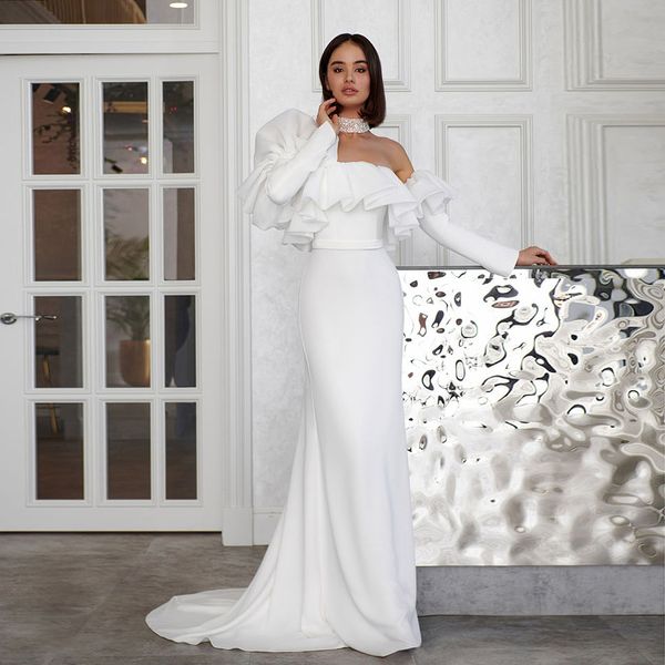 

ruffles strapless mermaid wedding gown long sleeve satin bridal dresses sweep train country robe de mariage, White
