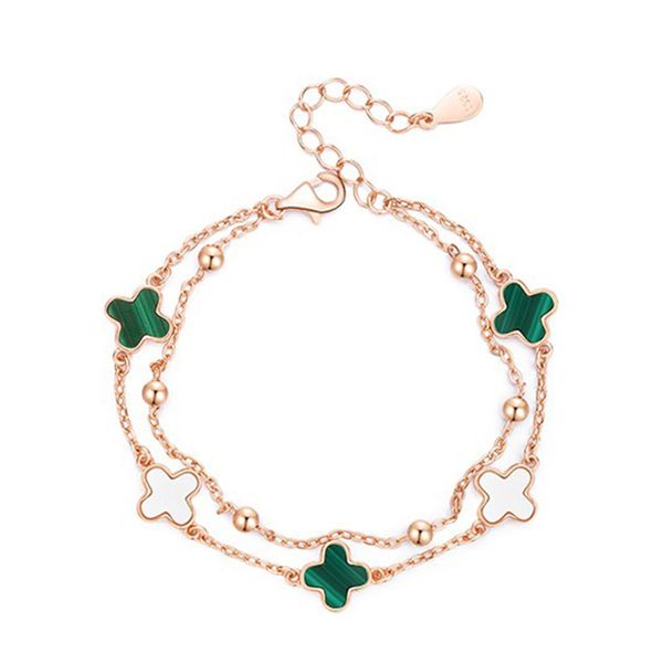 

ferris wheel malachite four-leaf clover bracelet female versatile wholesale s925 sterling silver niche design double-layer bracelet, Golden;silver