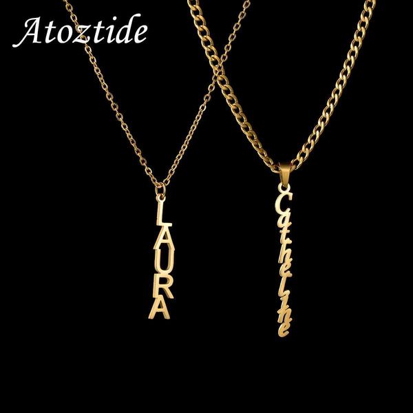 

pendant necklaces atoztide personalized custom vertical name neckles stainless steel pendantlink thick chain for womenchristmas jewelry gift, Silver