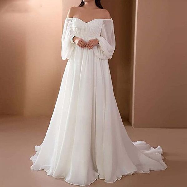 

simple strapless wedding dresses 2023 puff sleeves backless chiffon bridal gowns robe de mariee court train for elegant women vestidos de no, White