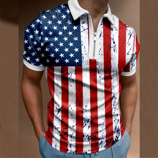 

american flags summer polo shirts zip collar stand short sleeves t-shirts for men, White;black
