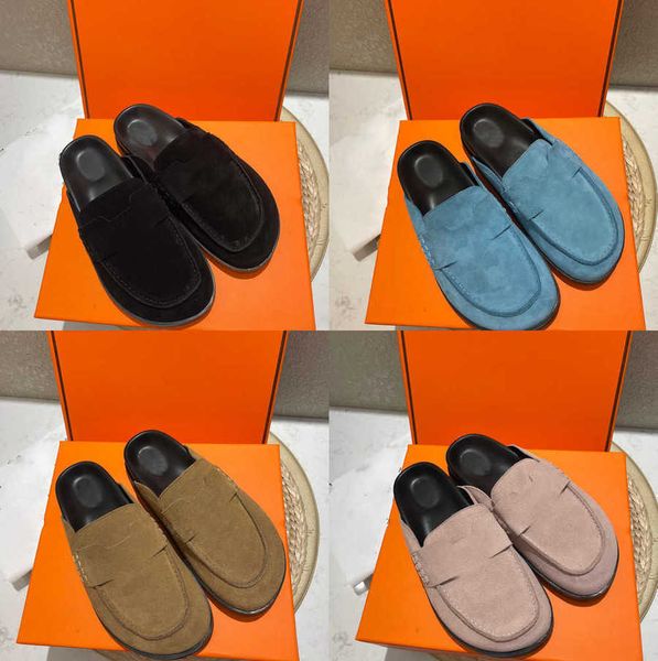 

casual shoes women mules suede sheepskin leather slippers flat rubber sandals luxury scuff slipper h mule slip on calfskin chypre loafers fa, Black