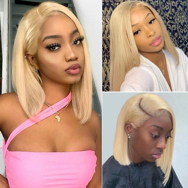 

613 honey blonde colored human hair 13x4 short bob lace front wigs for black women brazilian remy hair straight bob wig, Black;brown