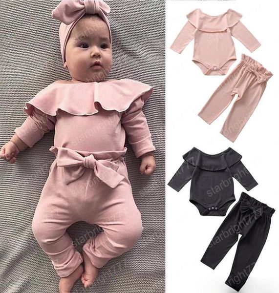 

baby girls clothing set ruffled rompers long sleeve kids designer clothes girls elastic waist pants candy color 2 pcs suit 03t2197985, White