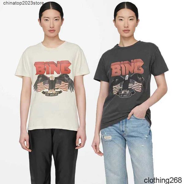 

women's t-shirt anine bing 2023ss niche eagle vintage tee designer flag print stir-fried washing t shirt women cotton short-sleeved sum, White