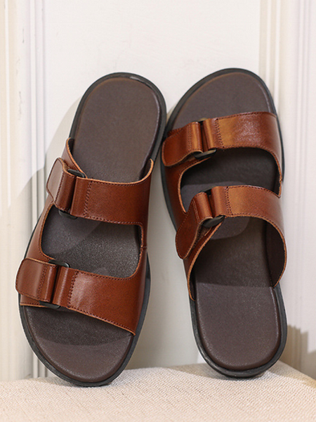

summer mens hook loop buckle casual outside slides flats cowhide genuine leather slippers comfortable antiskid beach slippers, Black