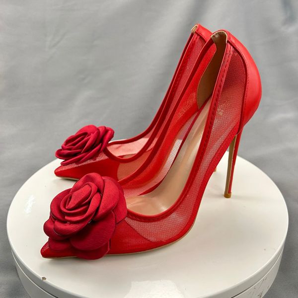 

brand red bottoms shoes women patchwork red mesh gauze pointed toes high heel party shoes louboutins sandals elegant flower stiletto pumps 8, Black