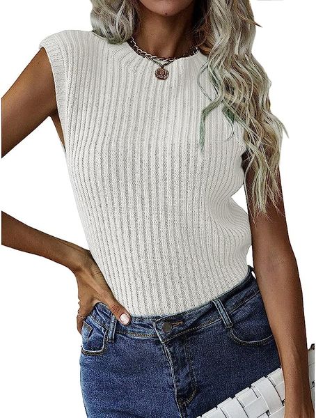

womens sleeveless crewneck sweater tank summer autumn rib knit tank top, White