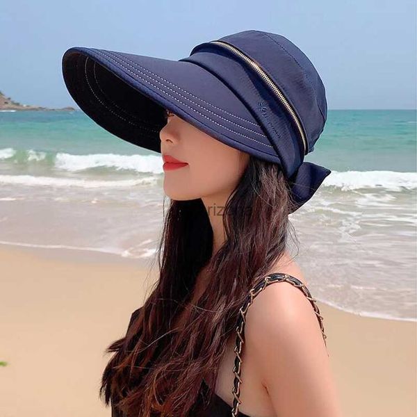 

women fashion removable cap empty caps ladies double-sided wear zipper sun hat shading cap wide brim anti-uv beach hats l230620, Blue;gray