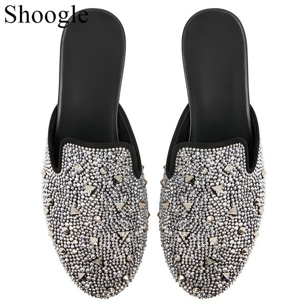 

half shoes for men casual shoes silver diamond water drill nail mens shoes rivet casual flat shoes, Black