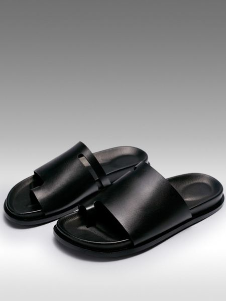 

summer outside breathable mens black genuine leather slippers non-slip open toe daily fashion casual shoes men footwear slipper