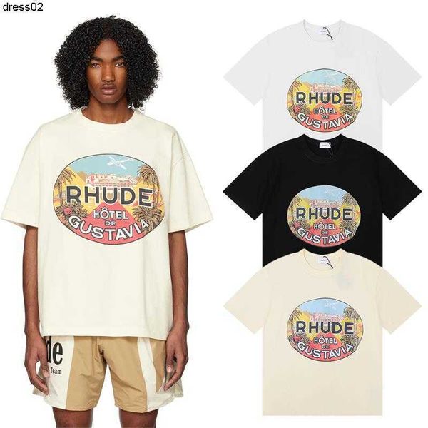 

designer fashion clothing tees hip hop tshirts 23ss rhude  de gustavia  printed short sleeve t-shirt streetwear loose sportswear loose str, White;black