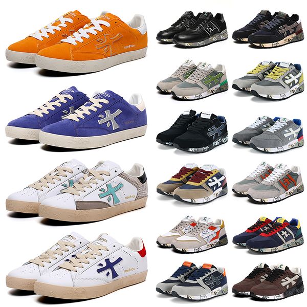 

italy brand luxury premiata shoes mens layer leather cowskin mick lander orange blue premiatas steven genuine training shoe outdoor sports s, Black