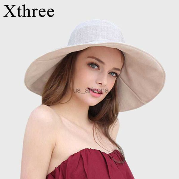 

xthree reversible summer hat for women large brim cotton linen beach cap sun hat female england style l230620, Blue;gray