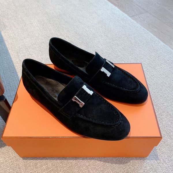 

luxury women casual oxfords dress shoes loafers genuine leather cow suede sliver*h*buckle driver flat suede with buckle handmade shoes low f, Black