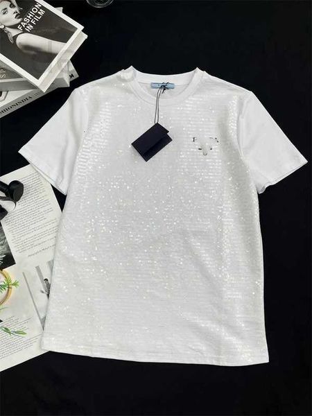 

women's t-shirt designer summer new embroidery sequins decorative print letter fashion style versatile round neck short sleeve t-shirt, White