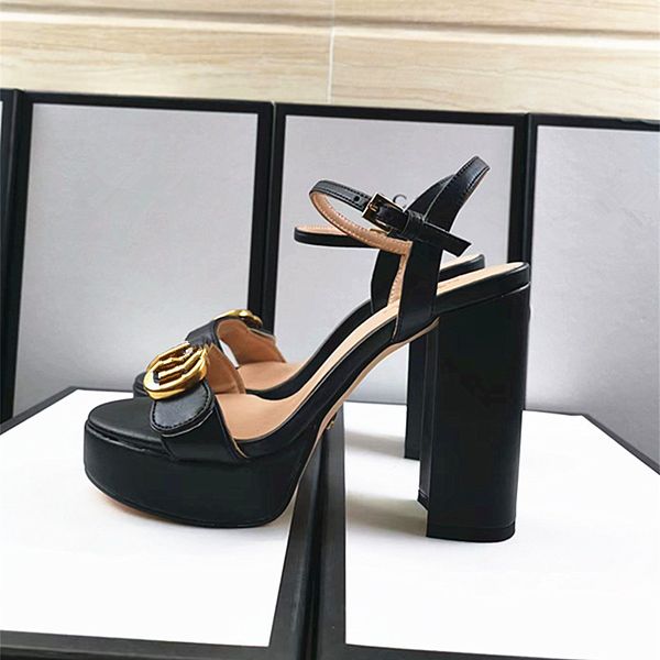 

designer high heels womens sandals, new thick heels 11cm high, versatile one line buckle womens shoes open toe sandals, bronze buckle, large, Black