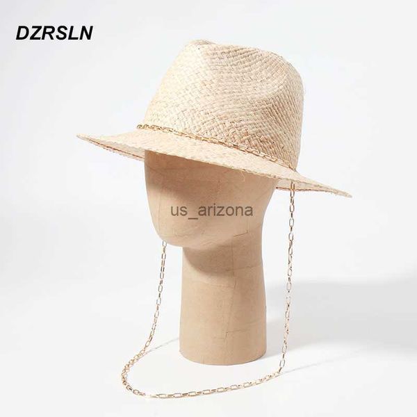 

2023 new chain strap fedora straw hat for women luxury desige beach hats ladies summer raffia sun hat with metal necklace l230620, Blue;gray