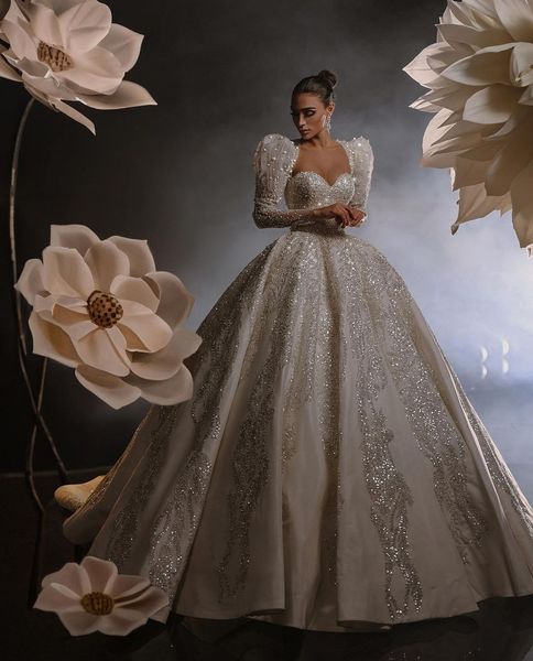

luxury ball gown wedding dresses long sleeves sweetheart sequins applique diamonds ruffles bridal gowns beaded lace pearls plus size custom, White