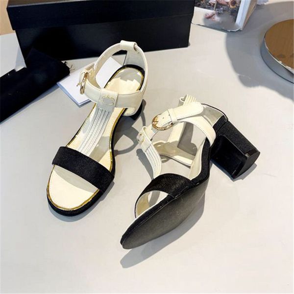 

fashion sandals luxury design 2023 channel women's high heels business work leather canvas casual student sandals 013-014, Black