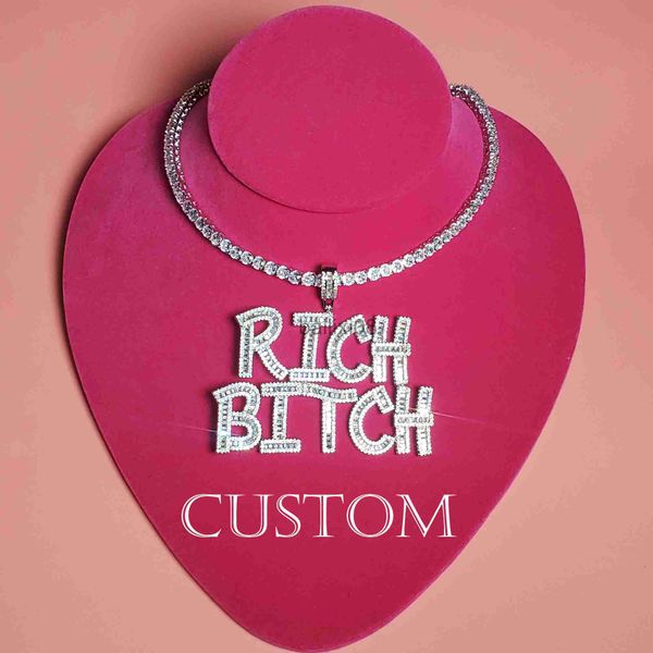 

pendant necklaces custom nameplate with icy tennis chain iced out diamond baguette letter name neckle bling initial pendant hip hop jewelry, Silver