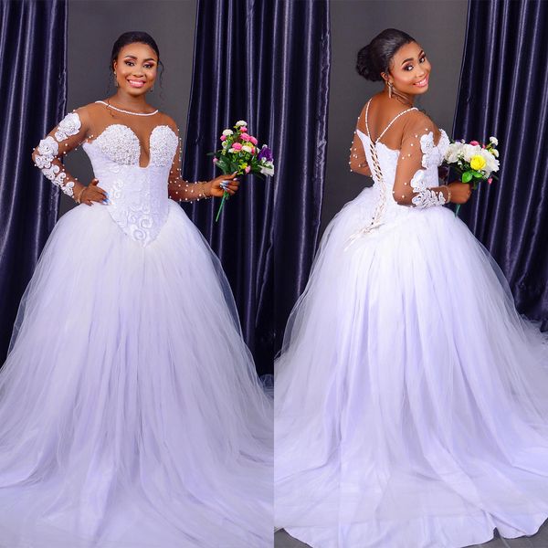 

glamorous ball gown wedding dresses jewel long sleeves pearls 3d applicants illusion lace up court gown backless custom made plus size brida, White
