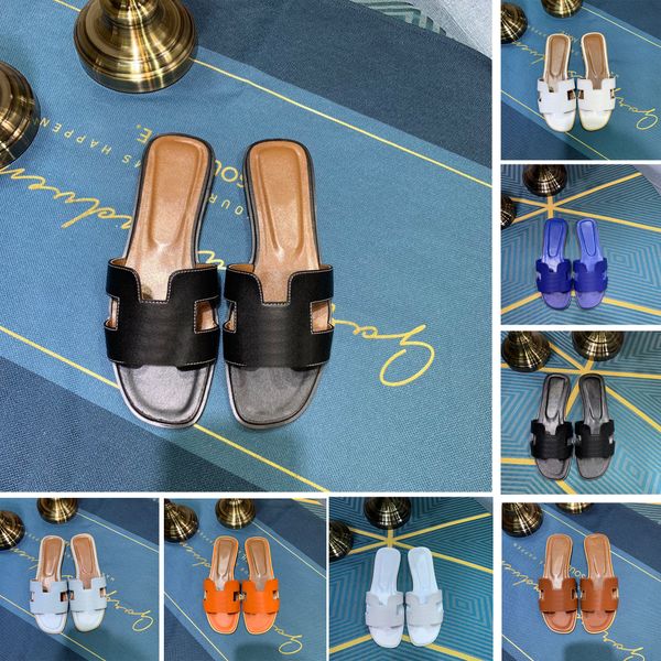 

luxury flat sandals various styles slippers solid color palm print grain bright leather beach casual indoor full set of accessories slippers, Black