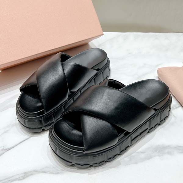 

designer women sandalsthick bottom bread slides crystal calf leather quilted casual shoes platform slippers size 35-41 with box, Black