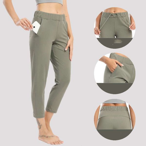 

2023 new lulus designer cropped side pocket loose straight yoga pants women's drawstring waist fitness sports casual stretch capris, White;red