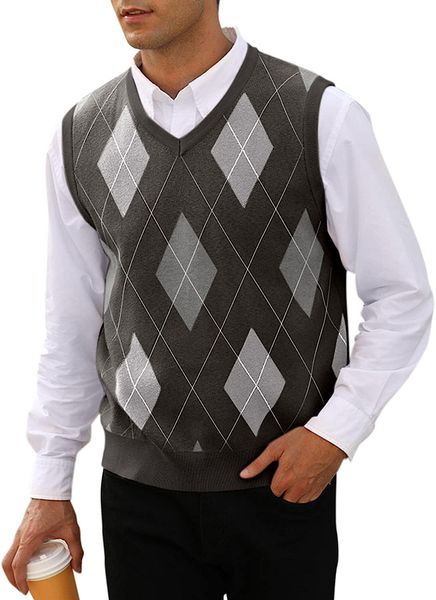 

slim fit men's v neck argyle knitwear vest sleeveless pullover sweater, Black;white