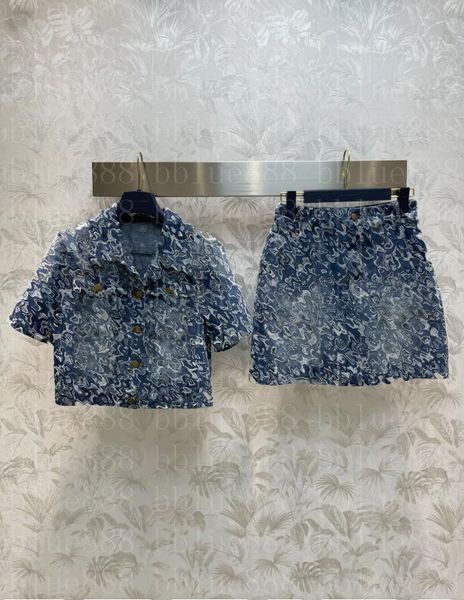 

women's lapel short sleeved denim jacket paired with high waistline short skirt floral denim set 620, Gray