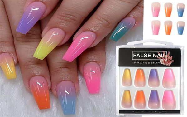 

20pcsset acrylic candy color finish nail art tips colorful fake nails artificial false nails with glue rainbow gradient color7862849, Red;gold