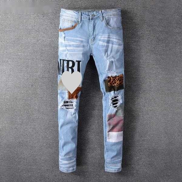 

2023 men's jeans biker jeans rock skinny slim fit ripped lettering brand hip hop jeans 21ss, Blue