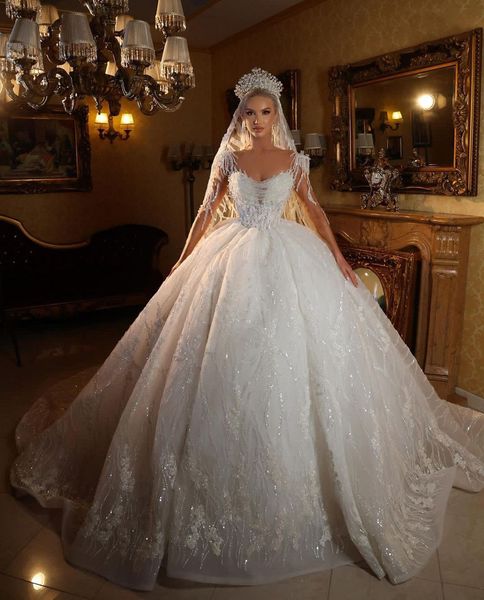 

elegant ball gown wedding dresses v neck long sleeves sequins appliques beaded floor length ruffles 3d lace zipper tassel bridal gowns plus, White