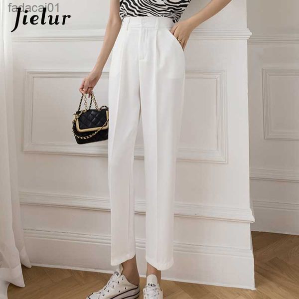 

jielur high waist casual blue pants female pocket zipper apricot suit pants women autumn straight loose white trousers sxl, Black;white