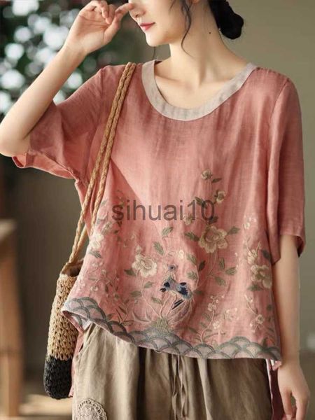 

women's blouses shirts cotton linen embroidered floral blouses women's chinese classic loose shirt casual retro o neck short sleev, White