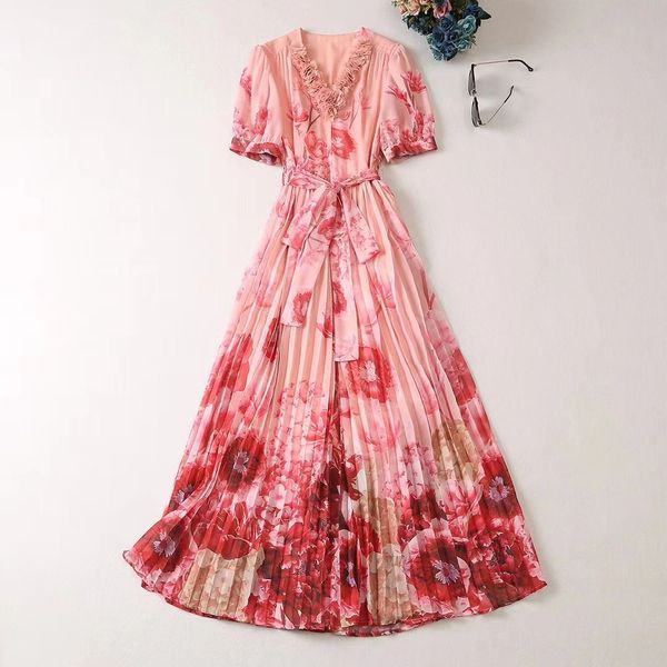 

european and american women's clothes 2023 summer new short sleeve petal v-neck fashion print pleated belt dress xxl, Black;gray