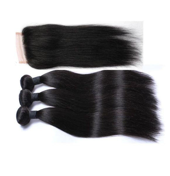 

brazilian peruvian hair weave natural color with closure unprocessed straight hair weft with lace closure 4pcs for a full he8214488, Black