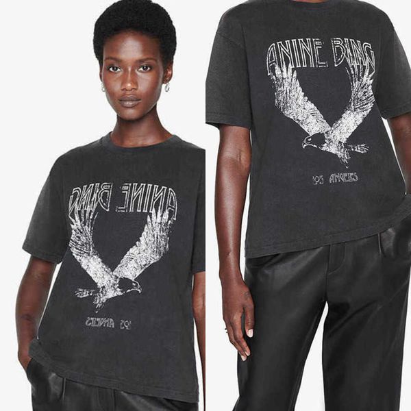 

2023 anine bing niche eagle print t shirt fried snowflake color washing designer tee women black short-sleeved t-shirt polos, White