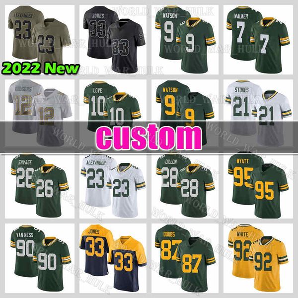 

10 love jaire alexander football jersey 9 christian watson romeo doubs green bayes packer aj dillon aaron jones 21 eric stokes rashan gary c, Black;red
