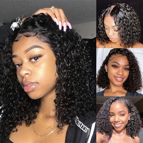 

deep wave lace front human hair wigs 13x4 lace short bob wig preplucked human for women lace closure wig, Black;brown