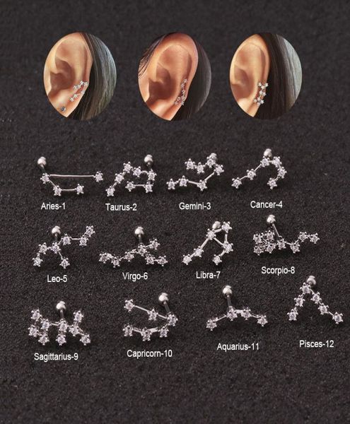

12 constellation 1pc stainless steel twelve constellation piercing jewelry cz cartilage helix lobe screw back stud earring9645879, Golden;silver