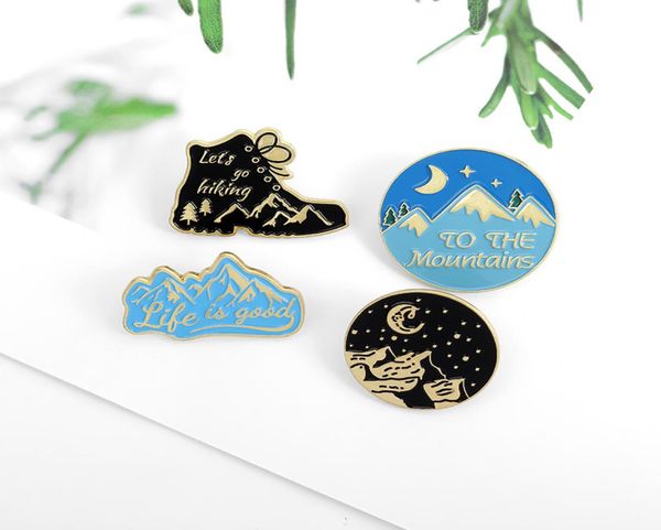 

new cartoon cute beautiful landscape brooches snow mountain round shoes moon enamel pins metal blue black badge lapel denim jewelr1783078, Gray