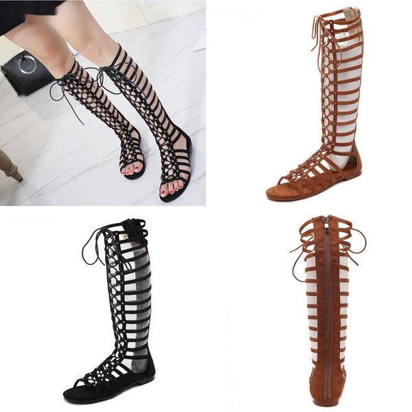 

summer sandals soft leather women strappy open toe knee gladiator flat roman bandage casual boots 230511, Black