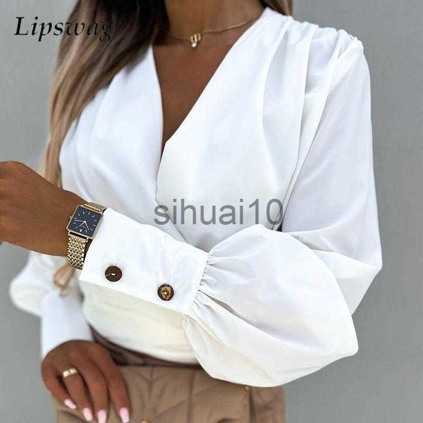 

women's blouses shirts 2022 autumn women elegant v neck slim waist shirts fashion lantern long sleeve office lady pullover solid commut, White