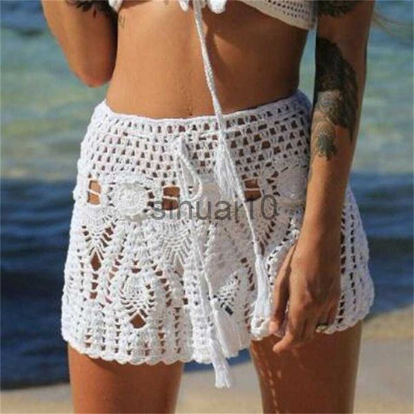 

skirts candy color handmade cotton knitted crochet mini skirts women summer hollow out high waist beach skirt white bottoms 2020 j230621, Black