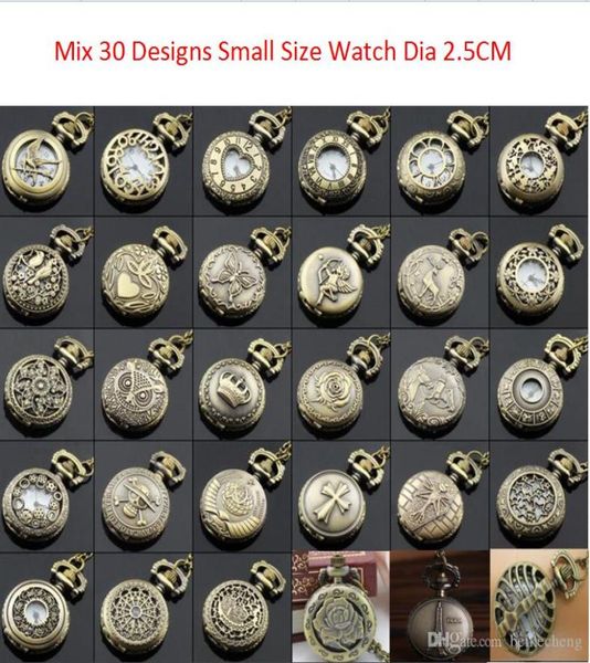 

whole 100pcslot mix 30 designs case dia 25cm pendant chain quartz bronze small crown watch pocket watch pw0482507254, Slivery;golden